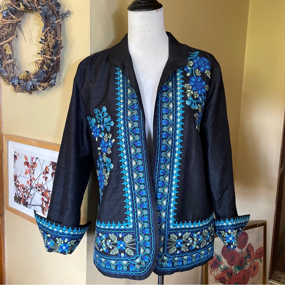 NORM  THOMPSON  sz Medium Heavy Embroidered Jacket Blazer 100% Raw Silk $138 NWT